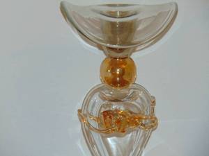 lot 22 image: 2  crystal golden glass candle holders, beautifully crafted, rivulated, iridescent in mint condition