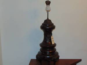 lot 27 image: Large vintage Asian  Oriental table lamp of a bronze Bronze Dragon and other symbols sculpted great detail 46 Tall 14 Base  18 Diameter Shade