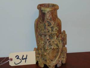 lot 34 image: Antique Handcarved Chinese Soapstone flowers vase 20th Century  height 11