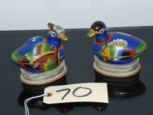lot 70 image: Set of 2 Vintage Cloisonne, Enamel on Brass, Mandarin Ducks on original stands