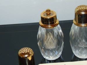 lot 71 image: Vintage Salt and Pepper shakers Crystal cut glass with metal lids