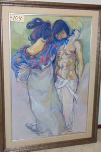 lot 104 image: Bob Tomlinson  original oil and collage on canvas   Genji and Fugisubo 1972 framed by Vern Carver Gallery 39 x 55