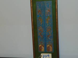 lot 109 image: Antique Chinese Embroidery Blue Fabric Panel with Gold Thread Framed