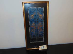 lot 112 image: Antique Chinese Embroidery Blue Fabric Panel with Gold and Black Thread hand embroidered 26 x 13 framed by Vern Carver Gallery