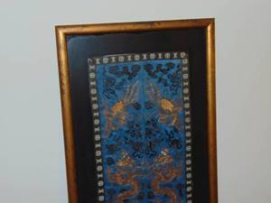 lot 113 image: Antique Chinese Embroidery Blue Fabric Panel with Gold  Thread hand embroidered 26 x 13 framed by Vern Carver Gallery