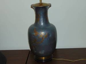 lot 120 image: Vintage Pewter Brass Asian Table Lamp 40 x 24 black shade