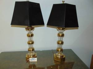 lot 130 image: Pair of brass and glass deco  lamps 36 x 18