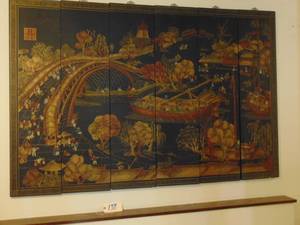 lot 138 image: 48 Wide Hand Painted River Town Oriental Wall Panels - 6 Panels