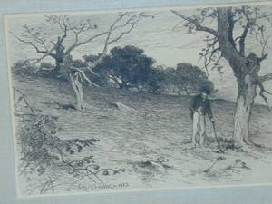 lot 143 image: ANTIQUE ART GEO H SMILILEY  ETCHING ORIGINAL RARE SIGNED ARTWORK Old New England Orchard
