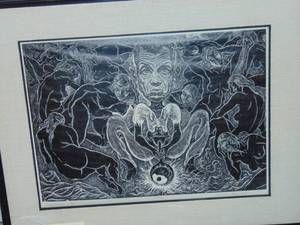 lot 147 image: Charles Swendorf Self Portrait Linocut 1963 23 x 19 framed by Beard Gallery