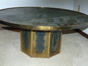 lot 231 image: Signed Philip and Kelvin LaVerne Chan Etched Bronze Table. Iconic Bronze Etching of Asian Chinese Landscape. Muted Palette Color Details. Octagonal Metal Panel Base.