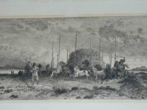 lot 257 image: Antique rare Peter Moran, etching, Horses at San Juan, New Mexico 18 x 12 initial PM in lower right