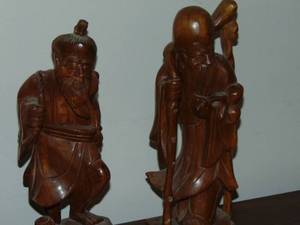 lot 260 image: Set of three amazing hand carved wooden oriental statues, not sure how old  they are.