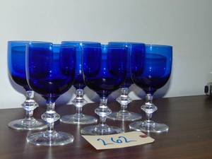 lot 262 image: Set 6 Cobalt Blue Glass Goblets, Clear Stem