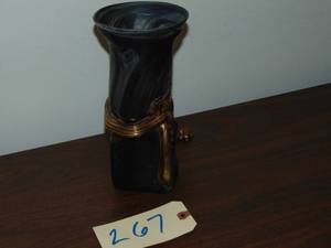 lot 267 image: Vintage Art glass vase black with gold relief Signed
