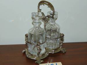 lot 321 image: Vintage Cut Glass Crystal Decanter Set of 2 Round Silver Holder Whiskey Scotch