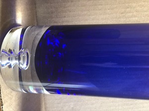 lot 429 image: Assorted Block Crystal Cobalt Blue & Clear Bubble Bottom  7 High Ball Glasses,  7 tumblers, 1 matching  vase