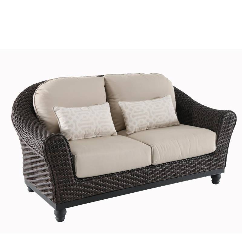 Lot With Home Decorators Collection Camden Dark Brown Wicker Outdoor Patio Loveseat With Sunbrella Antique Beige Fretwork Flax Cushions See Pics Kx Real Deals Newport Auction Wholesale Tools Pallets Plus