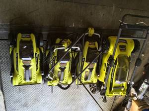 LOT WITH 3 RYOBI 13 in. ONE 18-Volt Lithium-Ion Cordless Battery Walk Behind Push Lawn Mowers & RYOBI 20 in. 40-Volt Brushless Lithium-Ion Cordless Battery Walk Behind Push Lawn Mower SEE PICS