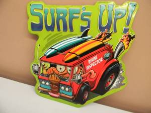 lot 10 image: SURFS UP BIKINI INSPECTOR VAN EMBOSSED METAL SIGN - APPROX 14 BY 14 - AWESOME MAN CAVE SIGN - SEE PICTURES