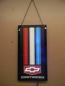 lot 14 image: LIGHTED RED, WHITE & BLUE CHEVY CAMARO HANGING ADVERTISING SIGN - WORKS - NICE - APPROX 10 BY 20 - SEE PICTURES