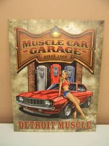 lot 24 image: MUSCLE CAR GARAGE - DETROIT MUSCLE TIN SIGN - NICE - APPROX 13 BY 16 - SEE PICTURES