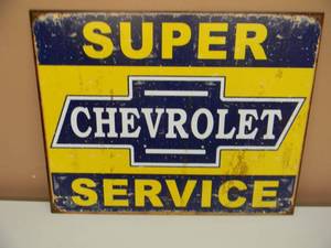 lot 25 image: SUPER SERVICE CHEVROLET RETRO TIN SIGN - NICE - APPROX 16 BY 13 - SEE PICTURES