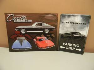 lot 27 image: Chevy Camaro Parking Only - Embossed Metal Parking Sign - APPROX 8 BY 12 & CHEVY CORVETTE STING RAY TIN SIGN - APPROX 15 BY 12 - SEE PICTURES