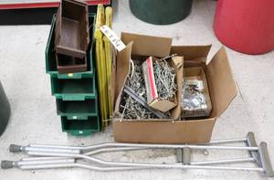 lot 89 image: Misc Hooks, Totes, Caution Signs, Alum Crutches