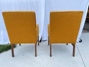 lot 3 image: Pair Vintage Upholstered Mustard Yellow Arm Chairs