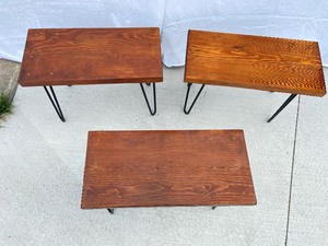 lot 6 image: Set of 3 Vintage Wood Stools on Hairpin Iron Legs