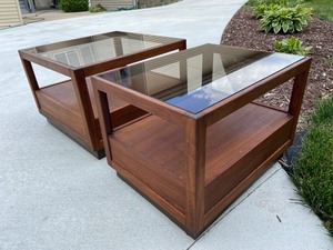 lot 10 image: Pair of  Vintage Walnut Glenn of California SideCoffee Tables W Smoky Glass Top