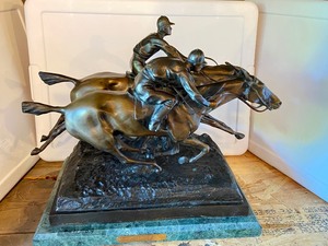 lot 56 image: A. Barye Bronze on Granite Base Sculpture- Horse Jockey Race