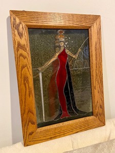 lot 58 image: Amazing Vintage Framed Leaded Stained Glass Lady Justice
