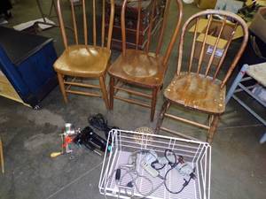 lot 15 image: 3 wood chairs, metal shelves, drills, Meat Grinder and hand vac,