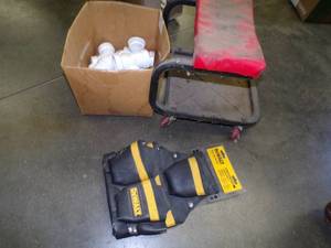 lot 166 image: Mechanics Stool, Tool Bag, and PVC Fittings