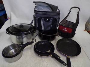 lot 174 image: Crock Pot, Cooler, Tool Box and pots and pans