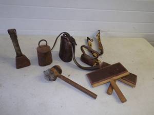 lot 201 image: Vintage Cow Bells, Wool Combs, Sad Iron and Mallet