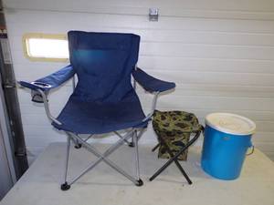 lot 211 image: Folding Chair, Folding Stool and pail