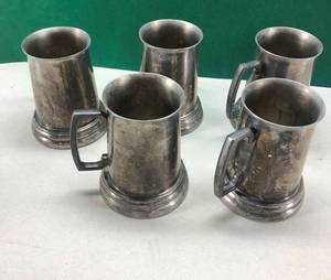 lot 14 image: Lot of 5 Pewter Clear Bottom Mugs