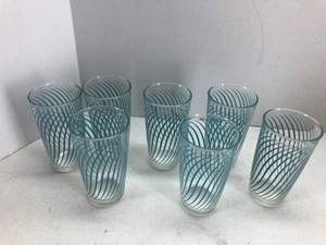 lot 135 image: (7) Mid Century Stripped Blue Juice Glasses