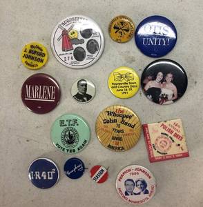 lot 172 image: Lot of (15) Collectible Old Pin Back Buttons.