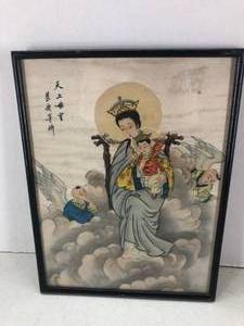 lot 183 image: Vintage Oriental Silk Painting. Appears to be a Madonna and Child