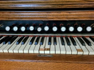 lot 13 image: Victorian Oak Pump Organ
