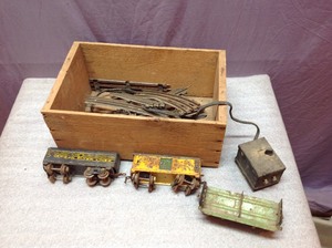 lot 110 image: Wood Box & Vintage Train Pieces