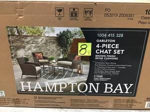 lot 8 image: HAMPTON BAY Gableton 4-Piece Steel Outdoor Patio Wicker Conversation Set with Beige Cushions SEE PICS