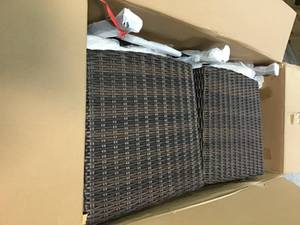 lot 9 image: HAMPTON BAY Harper Creek Dark Brown 5-Piece Wicker Outdoor Bar Height Dining Set with Chili Cushions SEE PICS