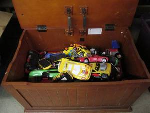 lot 114 image: 10A Wooden Toy Box Full of Toy Ca...