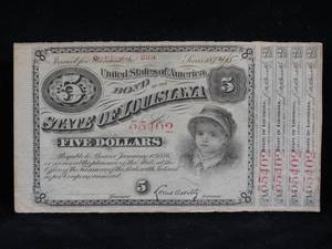 lot 31 image: 1874 State of Louisiana 5 Dollar Baby Bond