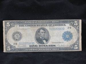 lot 44 image: 1914 $5 New York Federal Reserve Note